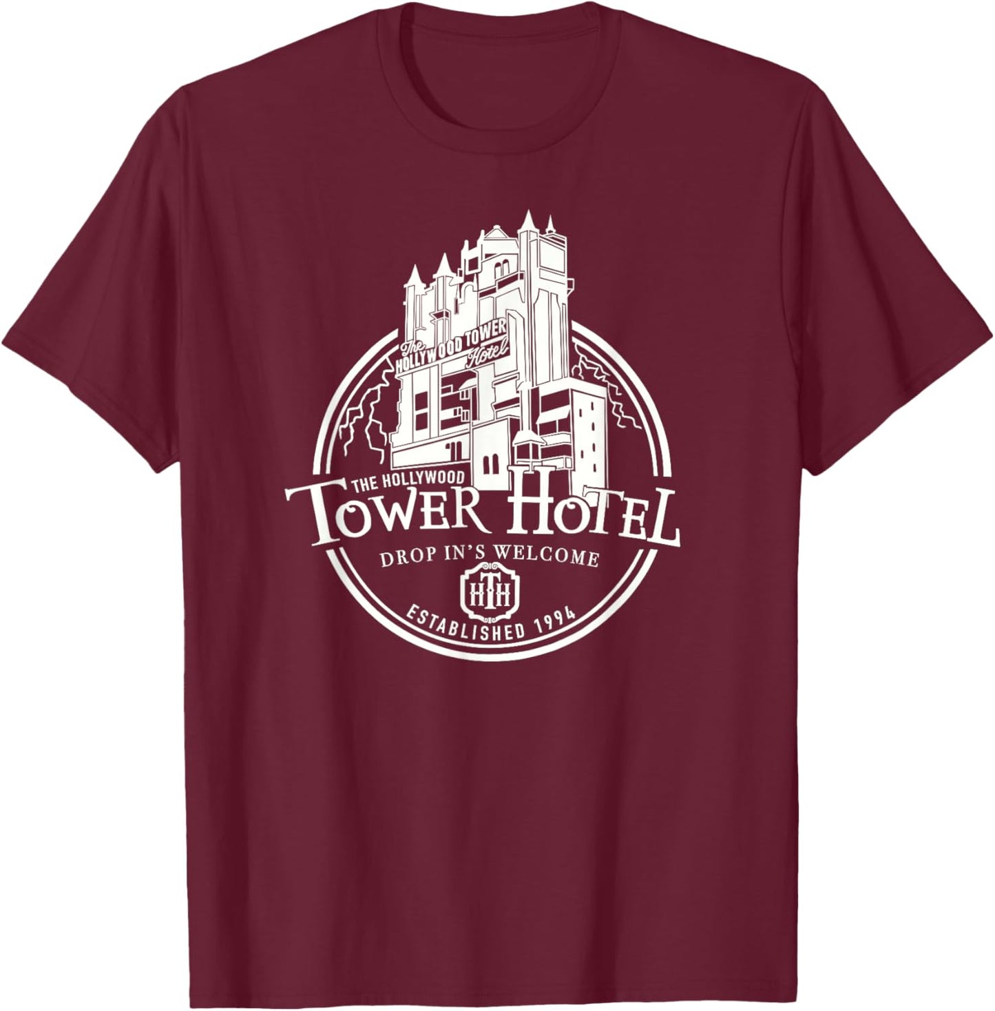 Hollywood Tower Hotel, Theme Park Ride, Drop In's Welcome T-Shirt - T-Shirt | Maroon