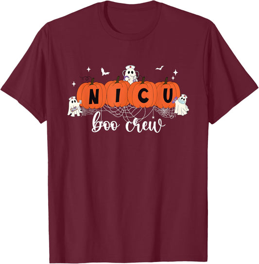 Cute NICU Boo Crew Spooky Nurse Halloween Cute Ghost Pumpkin T-Shirt - T-Shirt | Maroon