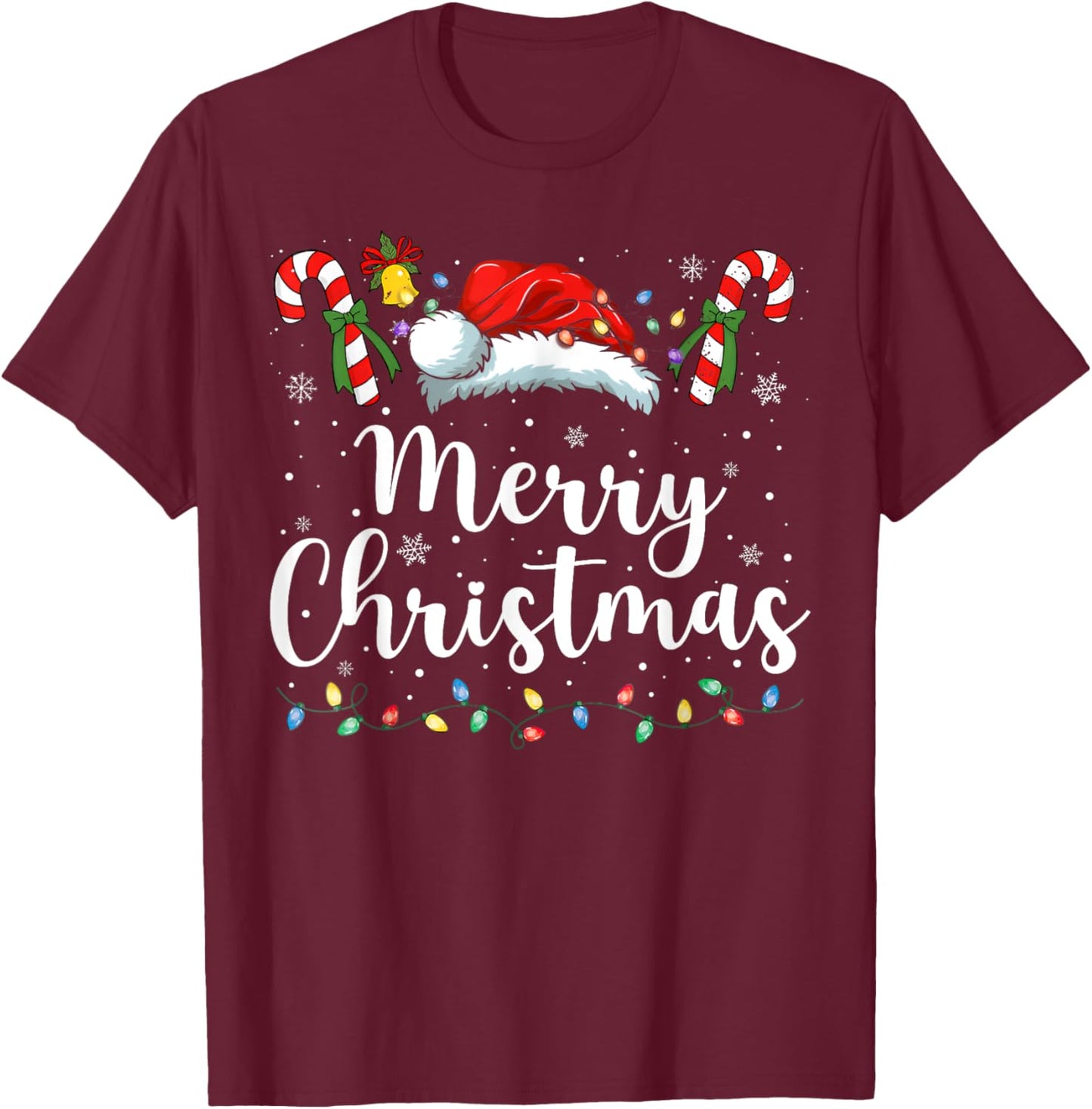 Merry Christmas Lights Red Santa Hat Xmas Family Men Women T-Shirt - T-Shirt | Maroon