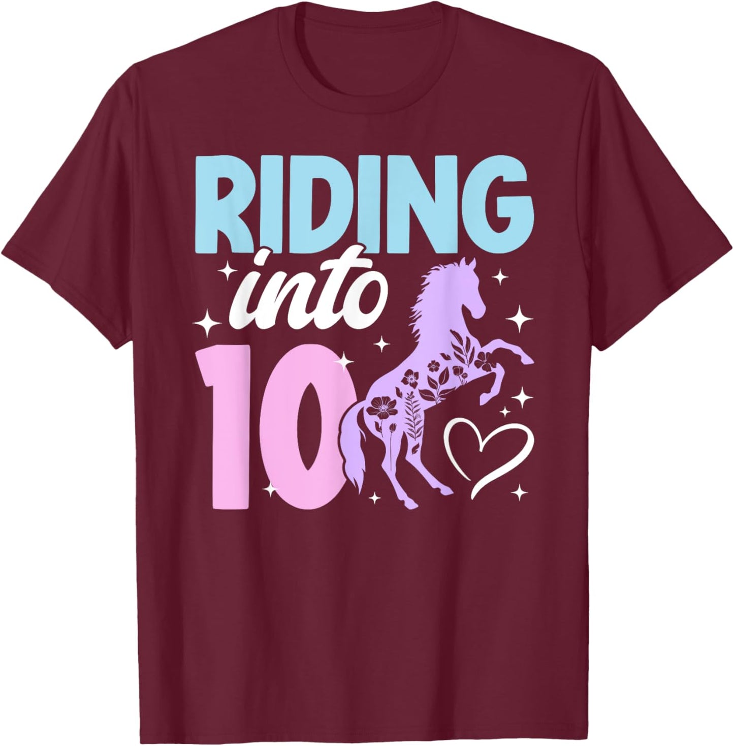 10th Horse Birthday Party Ten Year Old Girl Horses Birthday T-Shirt - T-Shirt | Maroon
