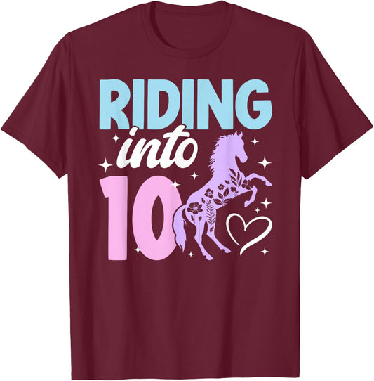 10th Horse Birthday Party Ten Year Old Girl Horses Birthday T-Shirt - T-Shirt | Maroon
