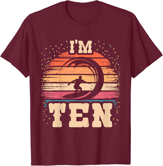 Kids Surfing 10 Year Old Birthday Boy 10th Surfboard Birthday T-Shirt - T-Shirt | Maroon