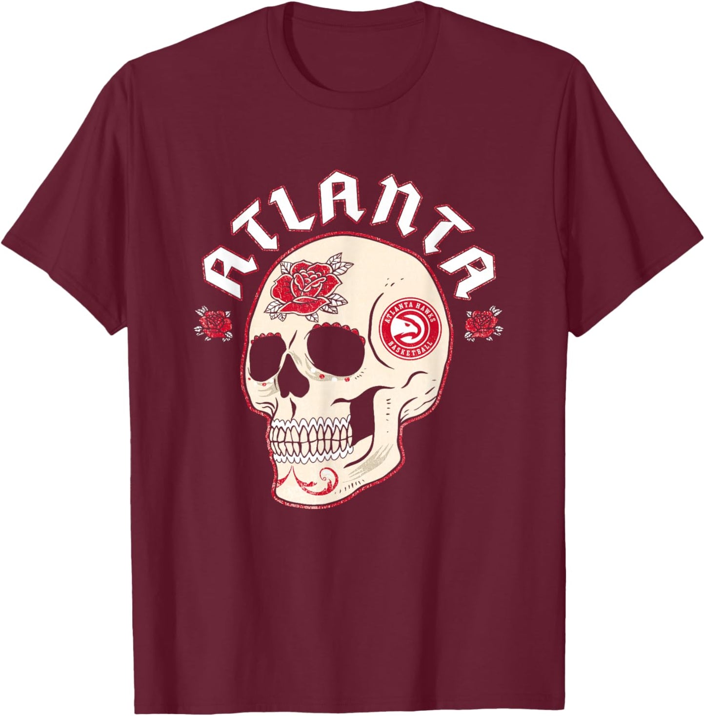 NBA Atlanta Hawks Halloween Floral Skull T-Shirt - T-Shirt | Maroon