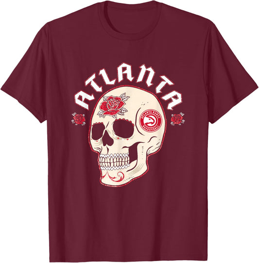 NBA Atlanta Hawks Halloween Floral Skull T-Shirt - T-Shirt | Maroon