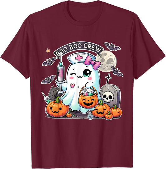 Boo Boo Crew Ghost and Pumpkins Seasonal Halloween Nurse T-Shirt - T-Shirt | Maroon