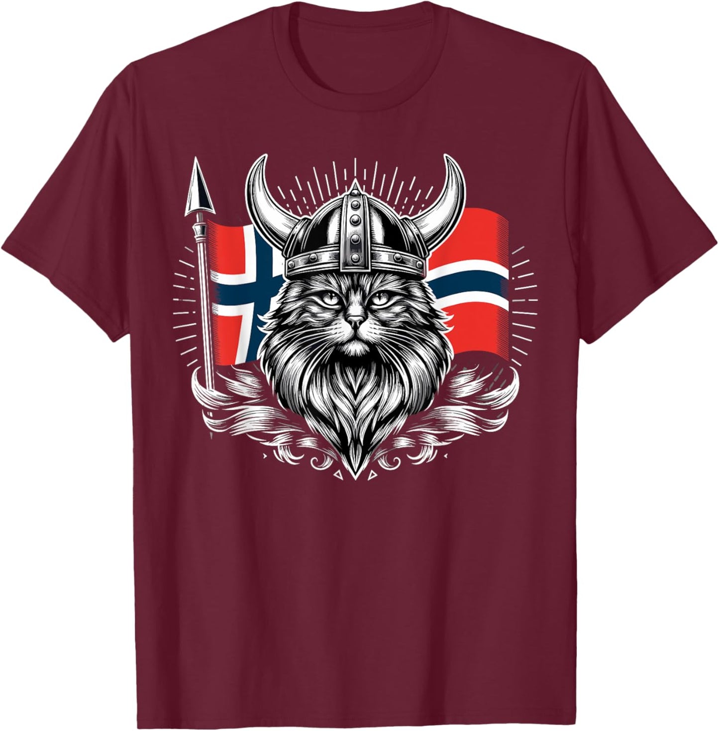 Viking Cat Norwegian Norway Flag Cat Women Girls Kids T-Shirt - T-Shirt | Maroon