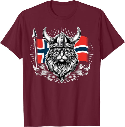 Viking Cat Norwegian Norway Flag Cat Women Girls Kids T-Shirt - T-Shirt | Maroon