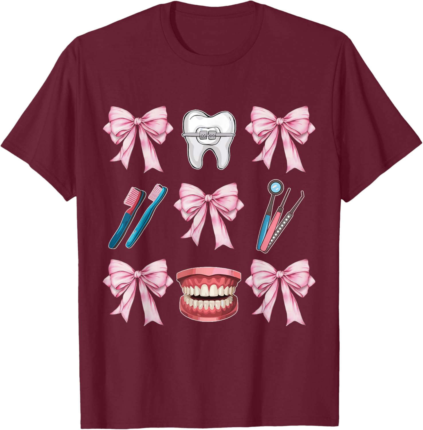 Cute Pink Coquette Bow Dentist Squad Teeth Dental Assistant T-Shirt - T-Shirt | Maroon