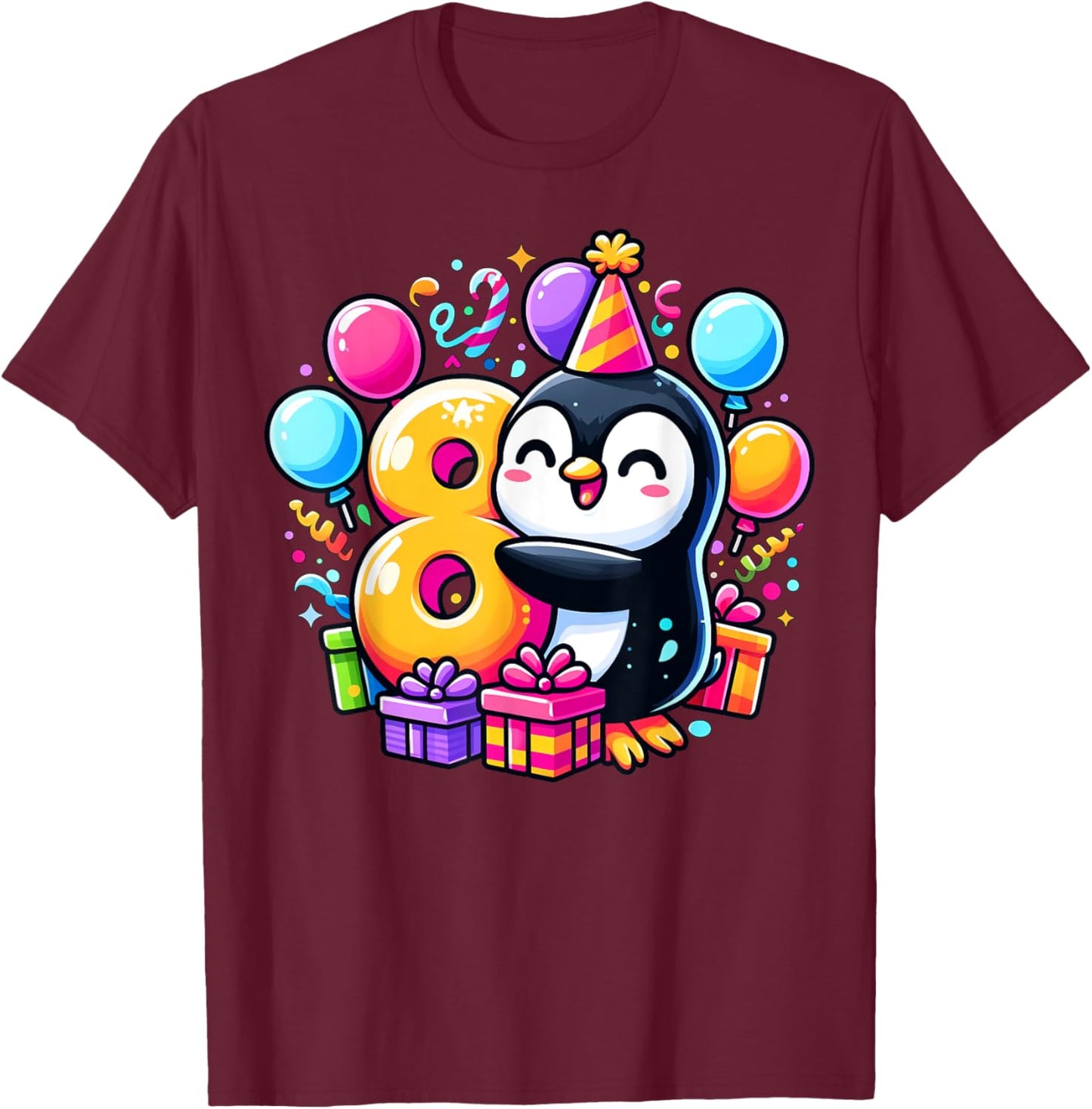 Kids Penguin Theme eighth Bday Party 8th Penguin Birthday T-Shirt - T-Shirt | Maroon