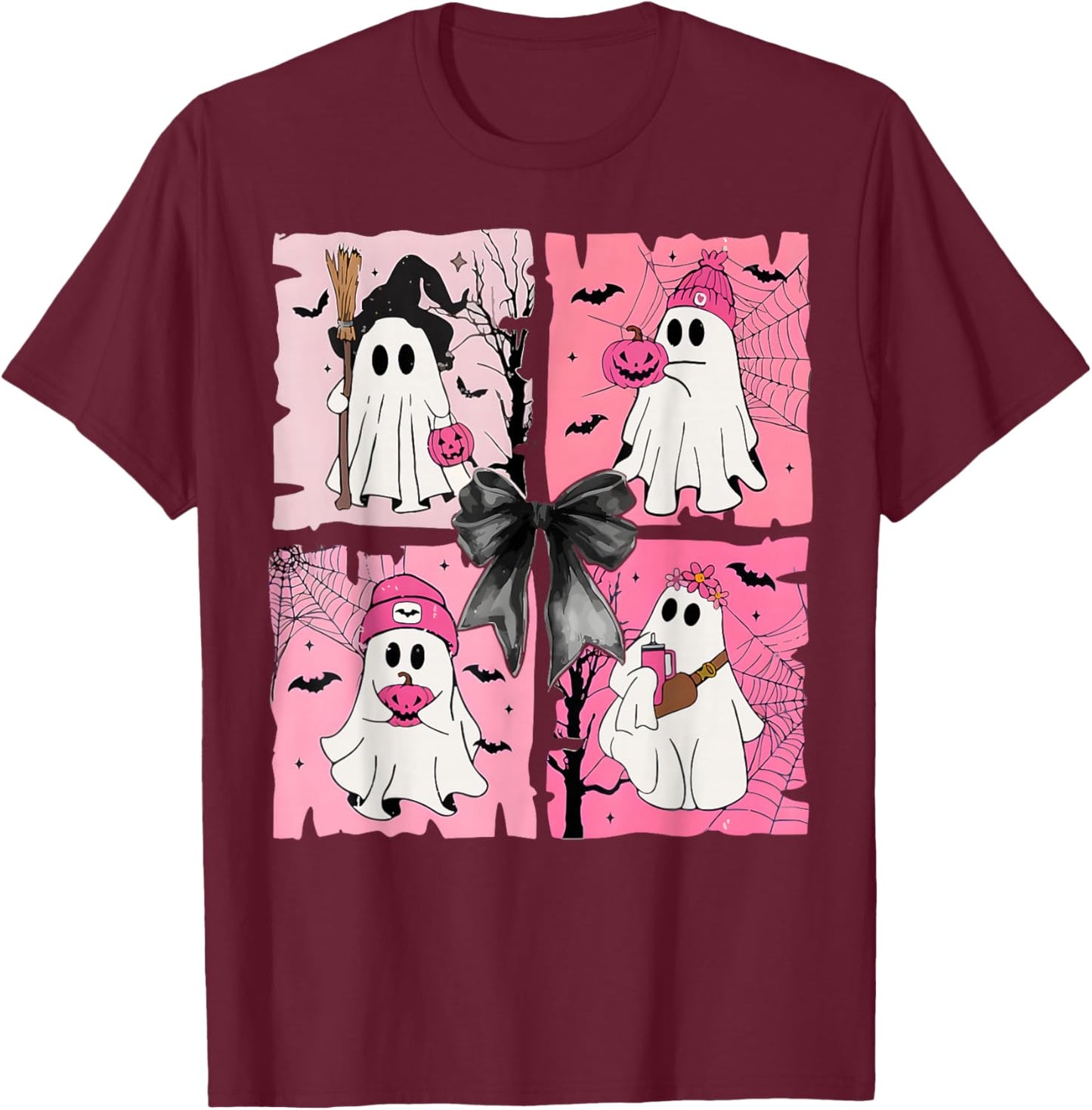 Cute Ghost Bow Coquette Halloween Spooky Season Girls T-Shirt - T-Shirt | Maroon