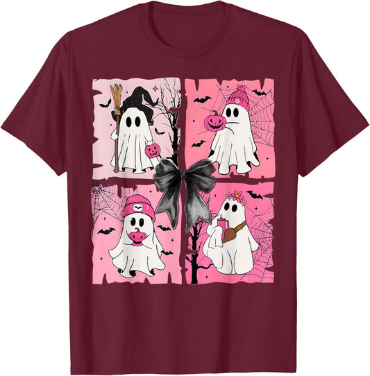 Cute Ghost Bow Coquette Halloween Spooky Season Girls T-Shirt - T-Shirt | Maroon