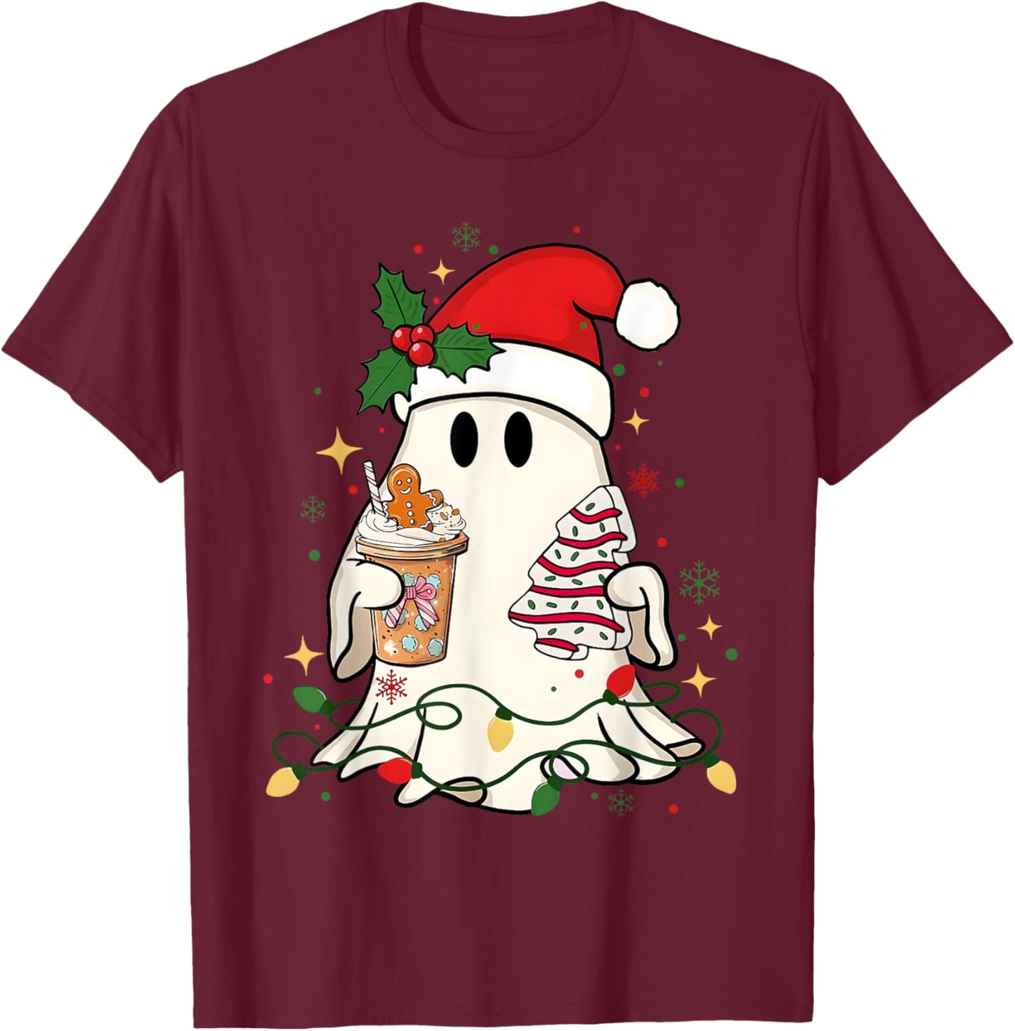 Cute Christmas Ghost Coffee Tree Cake Xmas Lights Boojee T-Shirt - T-Shirt | Maroon