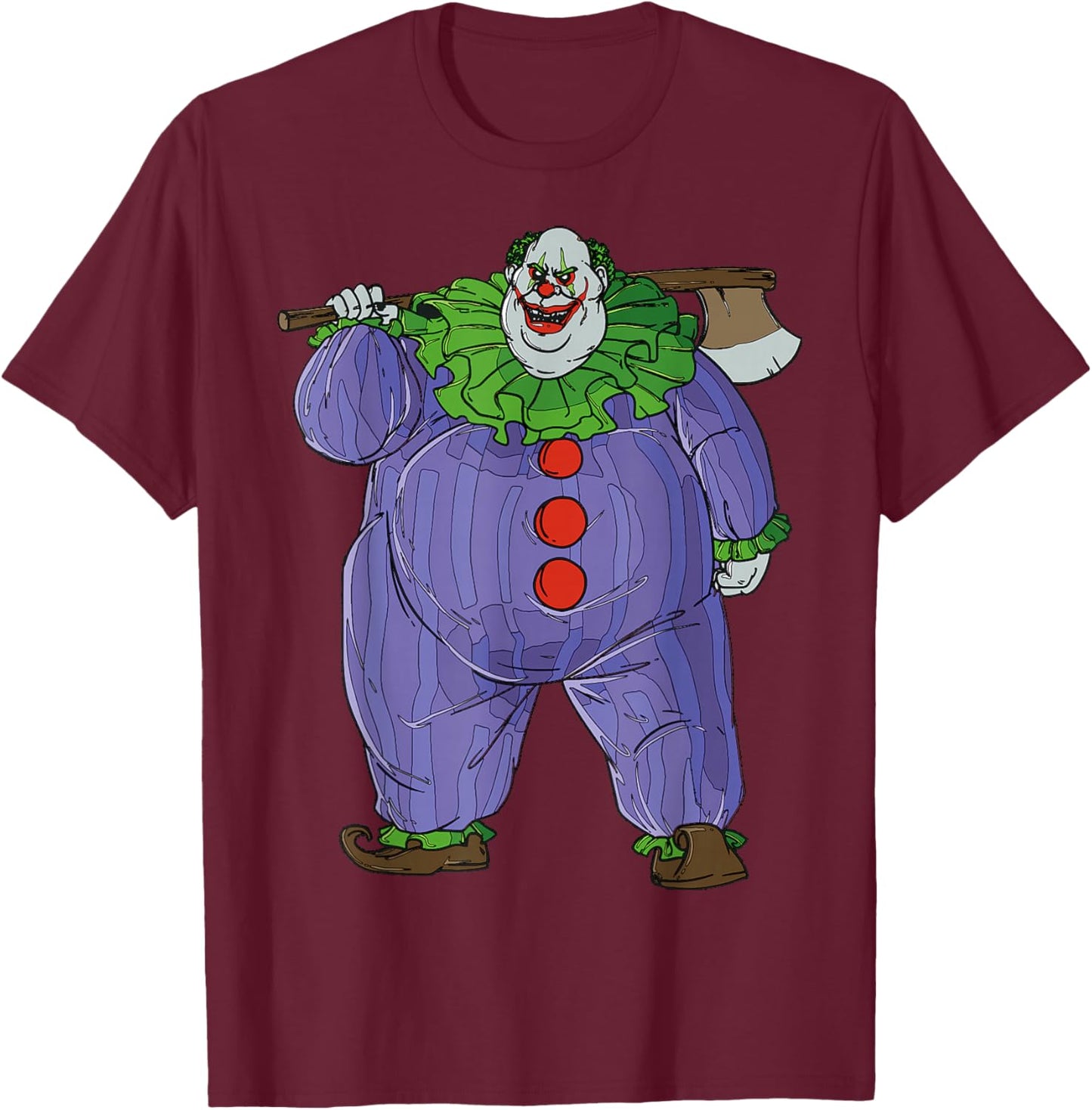 Cartoon Clown With Axe Creepy Halloween Illustration T-Shirt - T-Shirt | Maroon