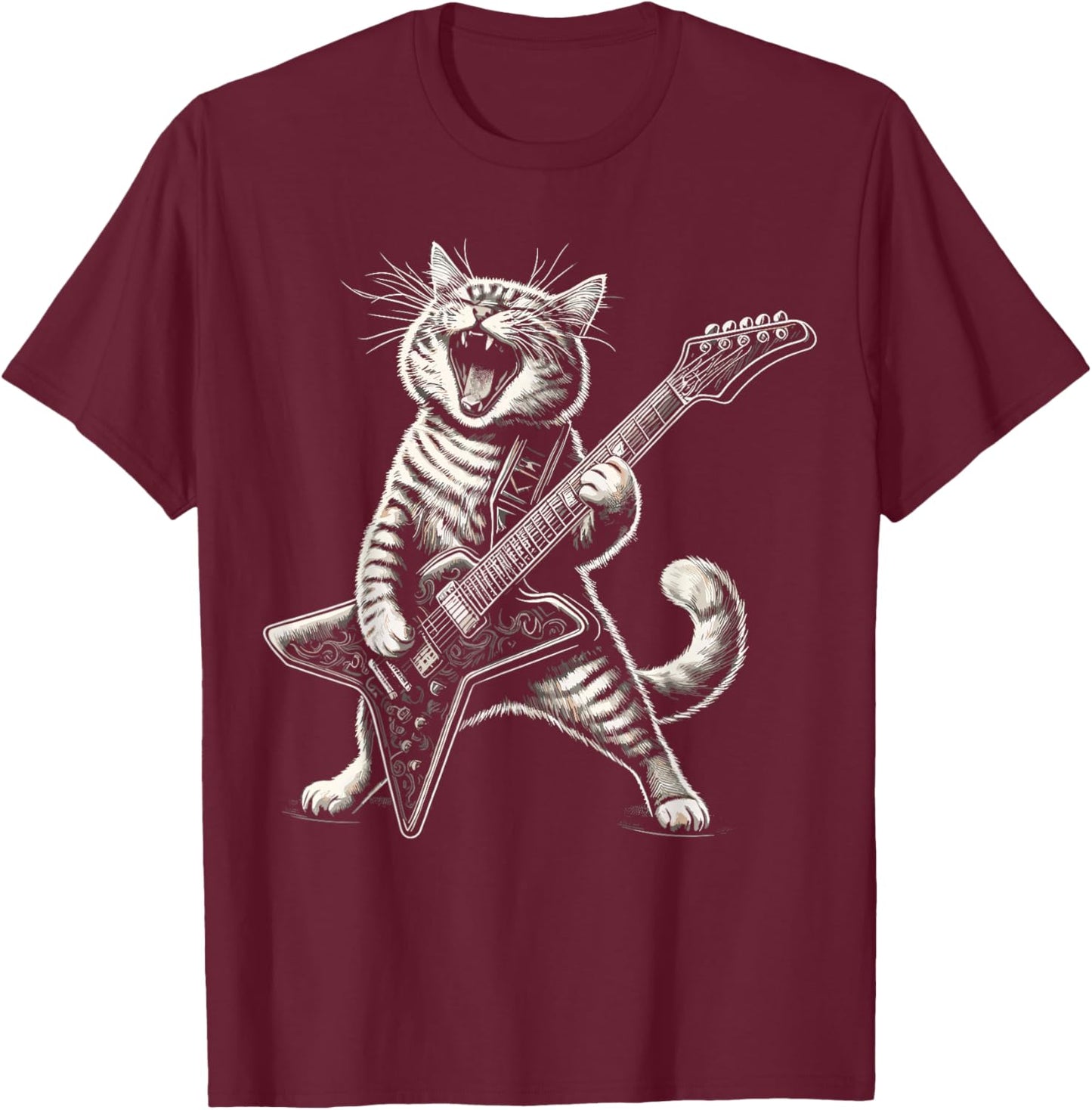 Rock and Roll Cat Playing Guitar Funny Guitar Cat T-Shirt - T-Shirt | Maroon