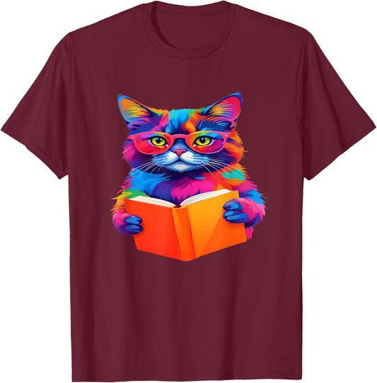 Cat Book Shirt - Colorful Cat Reading Book T-Shirt - T-Shirt | Maroon