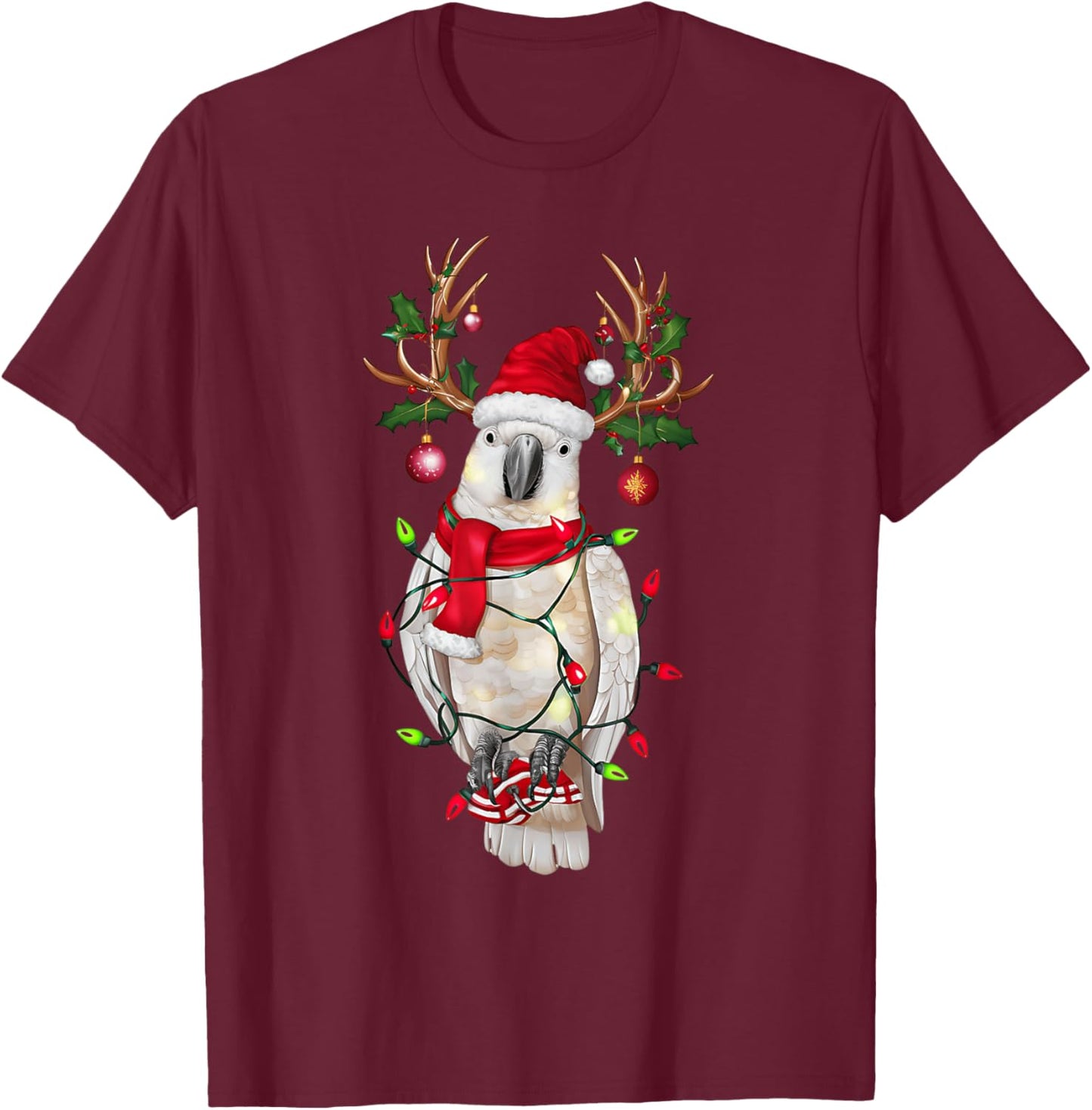 Funny Cockatoo Reindeer Christmas Tree Light Xmas - Black, -Adults & Kids, Short Sleeve, , Size Small T-Shirt - T-Shirt | Maroon