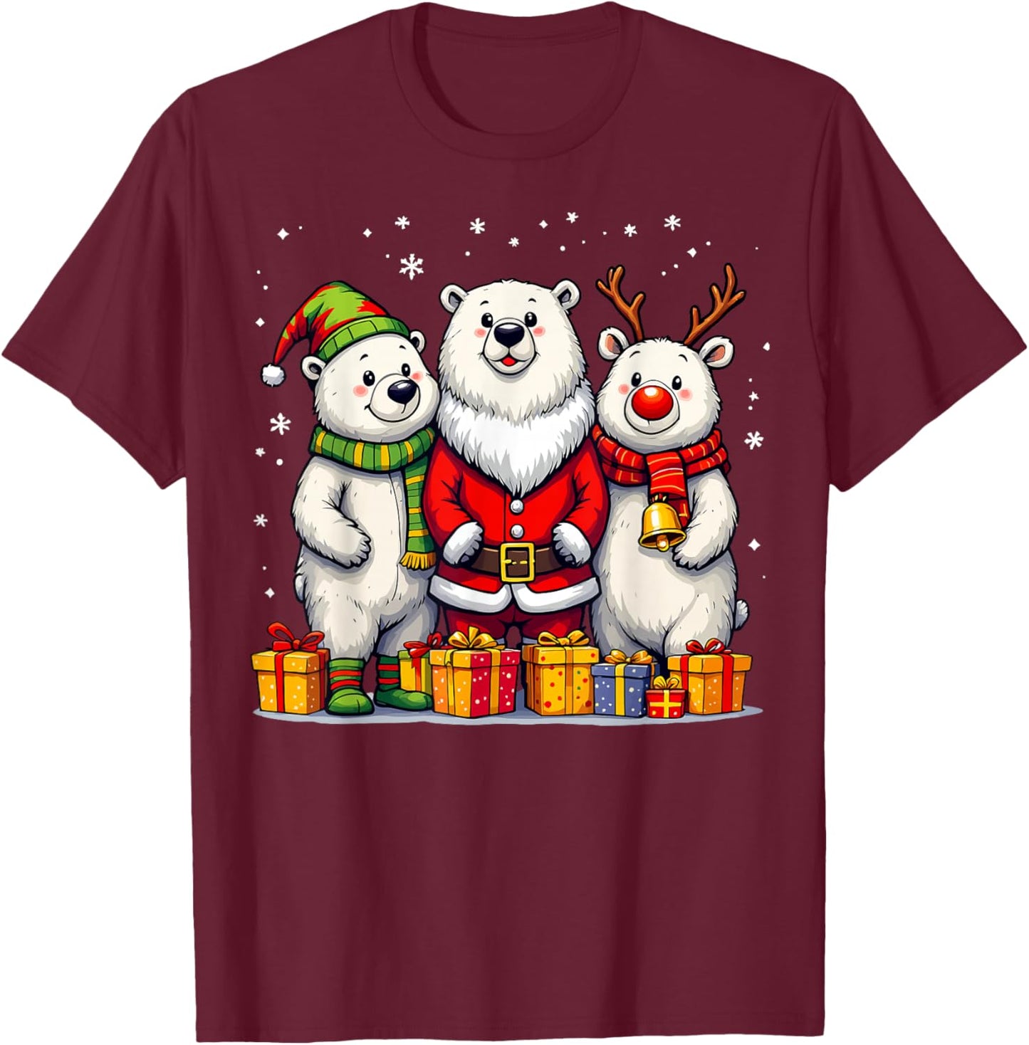 Cute Christmas Polar Bears in Santa Elf and Reindeer Costume T-Shirt - T-Shirt | Maroon