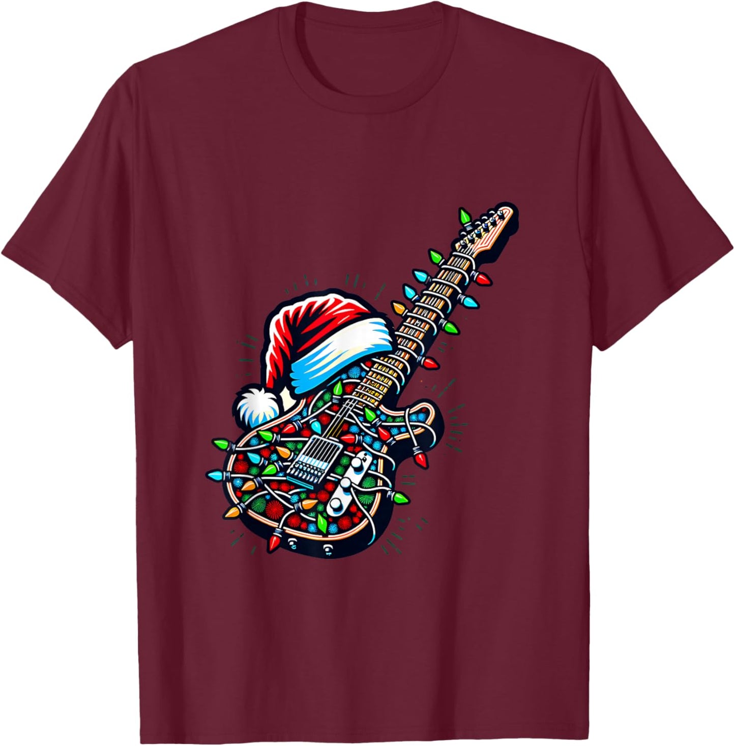 Rock & Roll Santa Xmas Guitarist Guitar Christmas Music T-Shirt - T-Shirt | Maroon