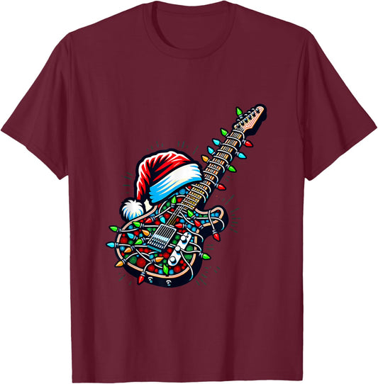 Rock & Roll Santa Xmas Guitarist Guitar Christmas Music T-Shirt - T-Shirt | Maroon