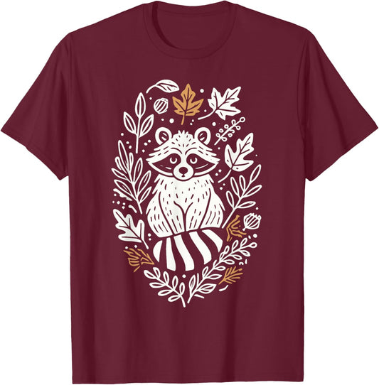 Autumn Raccoon Cottagecore Fall Woodland Animal Folk Art T-Shirt - T-Shirt | Maroon