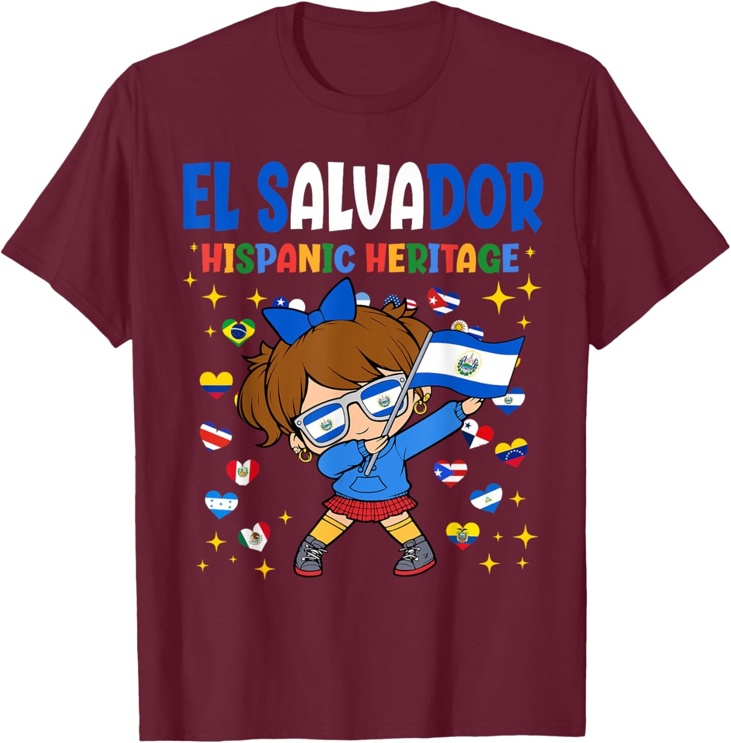 Hispanic Heritage Month El Salvador Flag Salvadoran Girl Kid T-Shirt - T-Shirt | Maroon