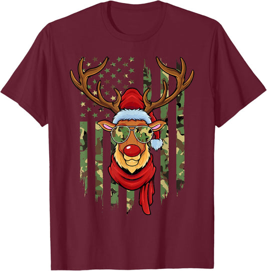 Patriotic Reindeer Camo American Flag Veteran Christmas T-Shirt - T-Shirt | Maroon