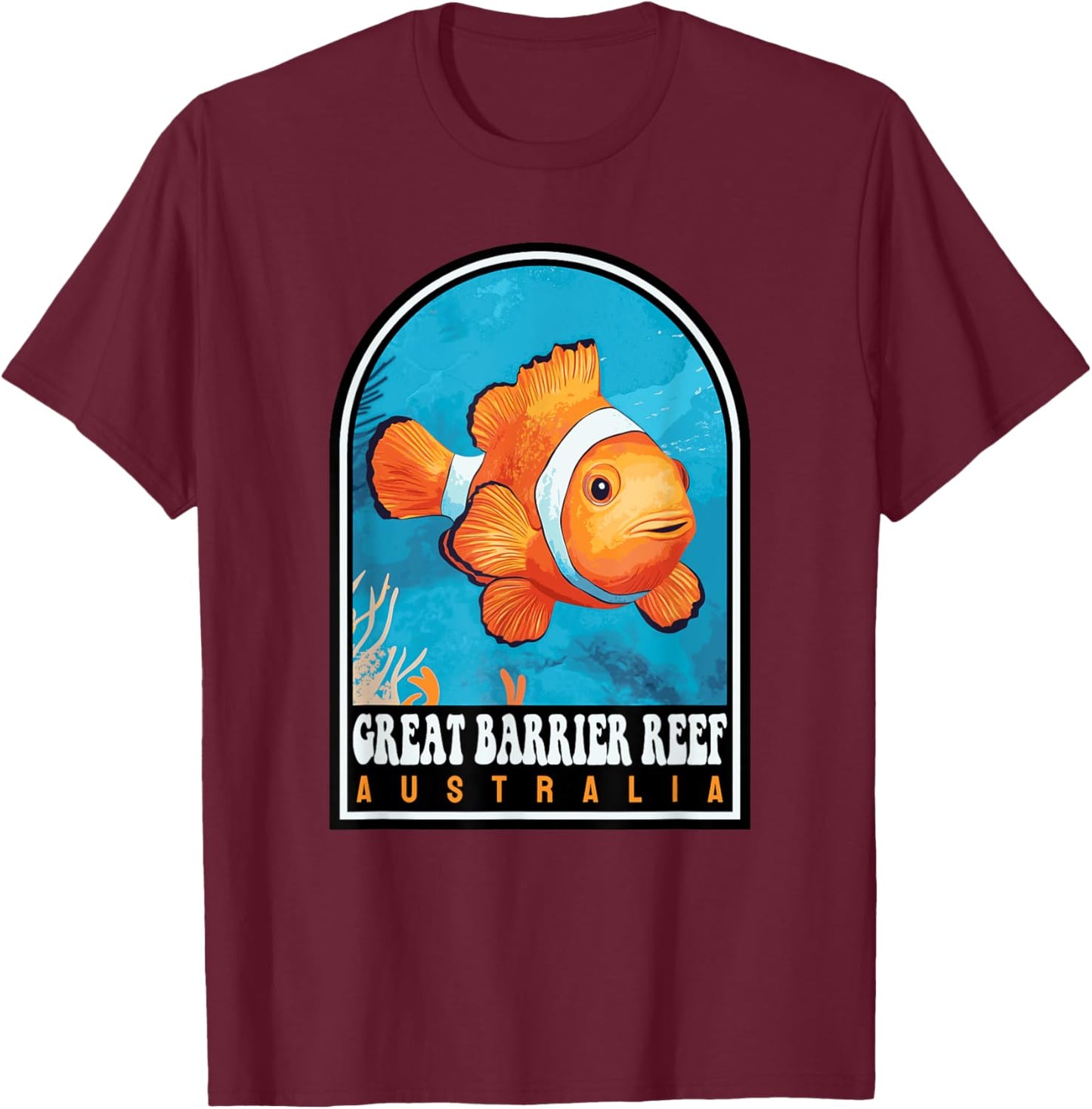 Great Barrier Reef Australia Clownfish Retro Travel T-Shirt - T-Shirt | Maroon