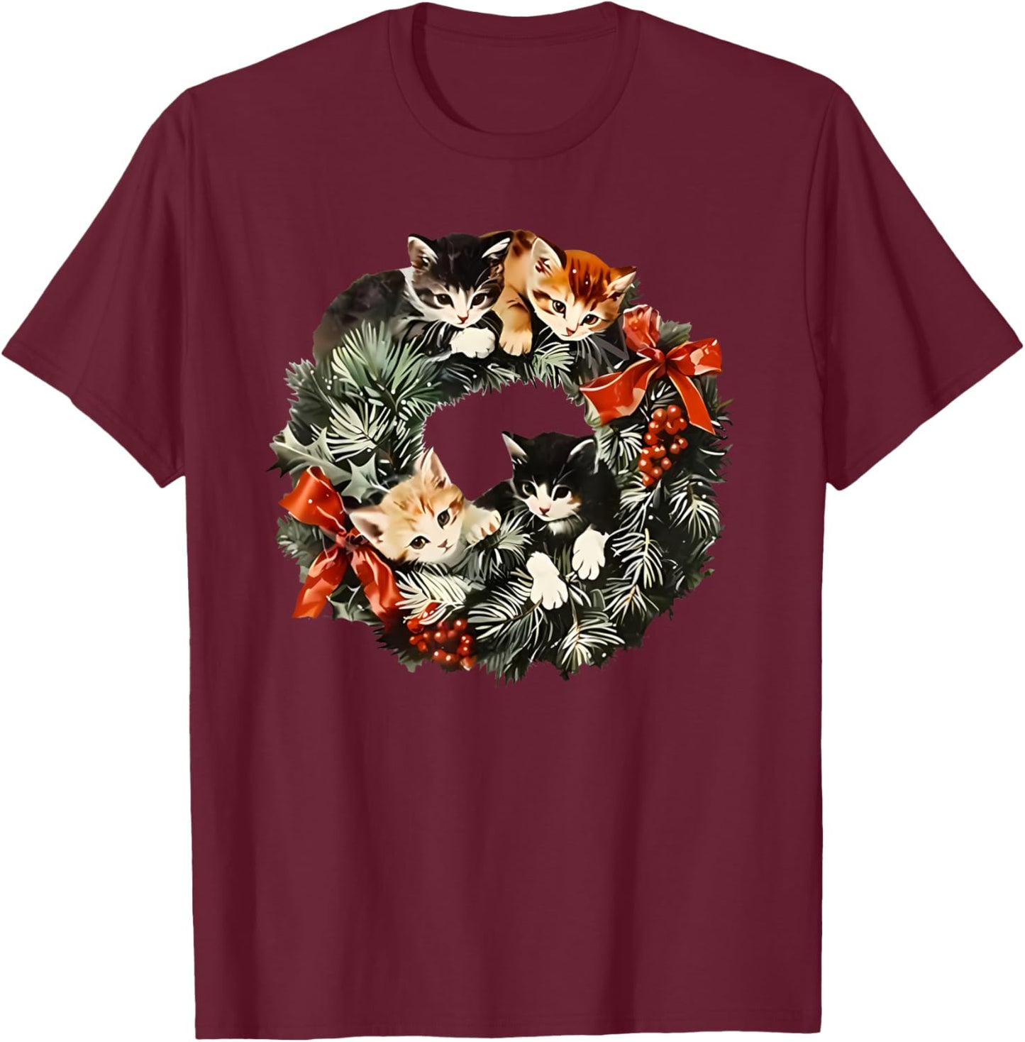 Vintage 90s Cat Christmas T-Shirt - T-Shirt | Maroon