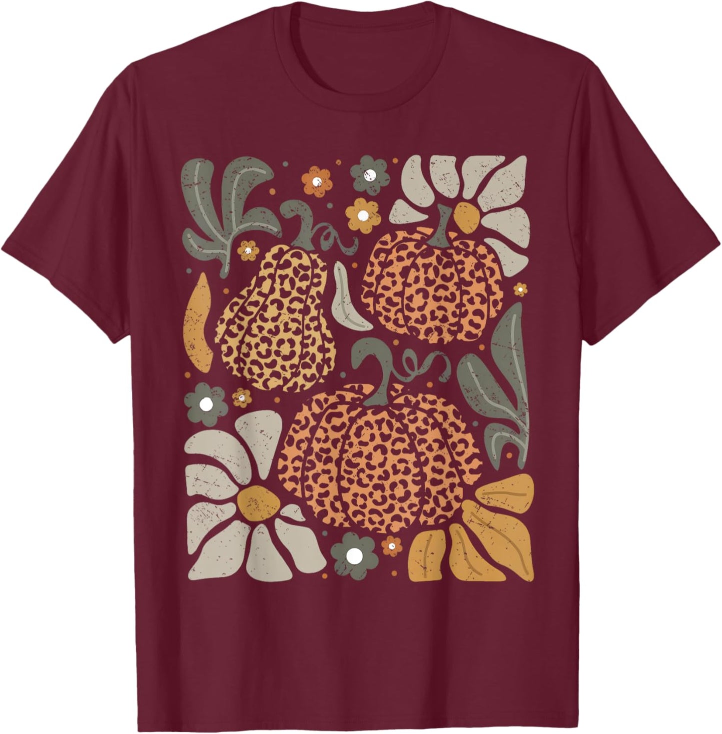 Leopard Pumpkin With Flowers Boho Floral Thanksgiving T-Shirt - T-Shirt | Maroon