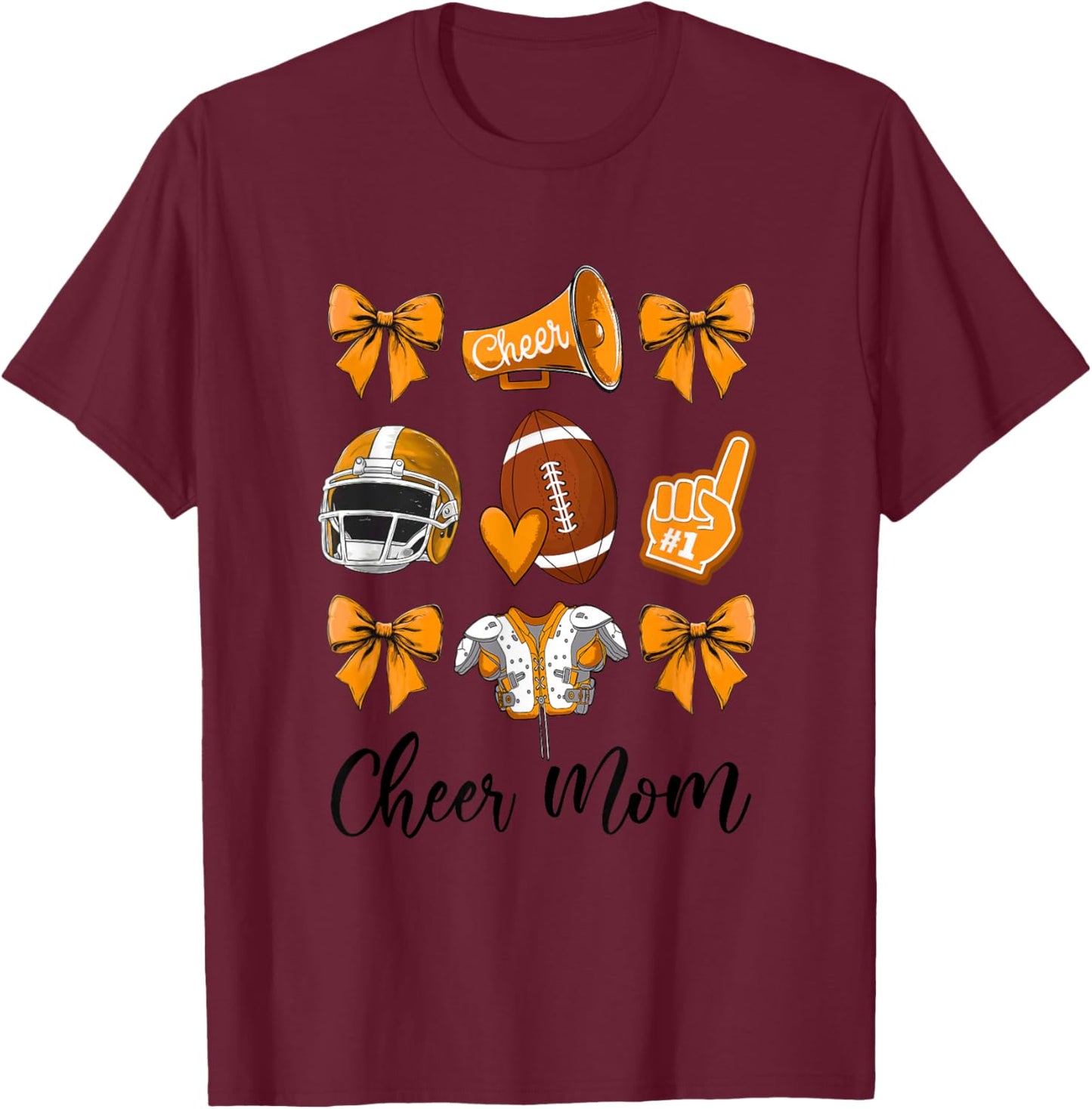 Cheer Mom Orange Women Cheerleading Football Coquette Bow T-Shirt - T-Shirt | Maroon