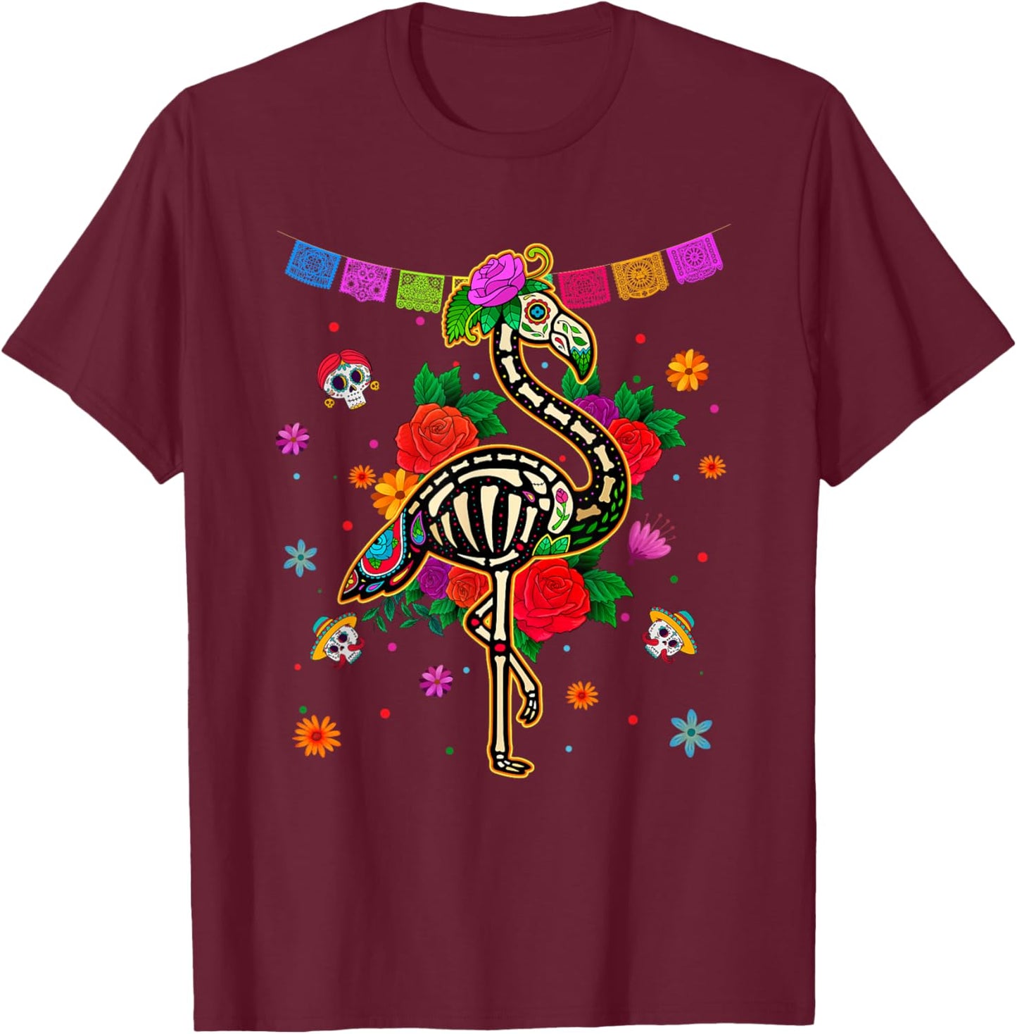 Sugar Skull Pink Flamingo Flowers Dia de Muertos Halloween T-Shirt - T-Shirt | Maroon
