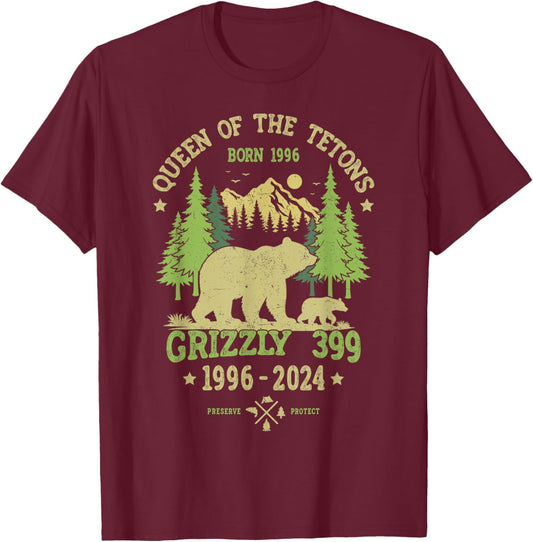 Queen Of The Tetons Grizzly 399 National Park 1996-2024 T-Shirt - T-Shirt | Maroon