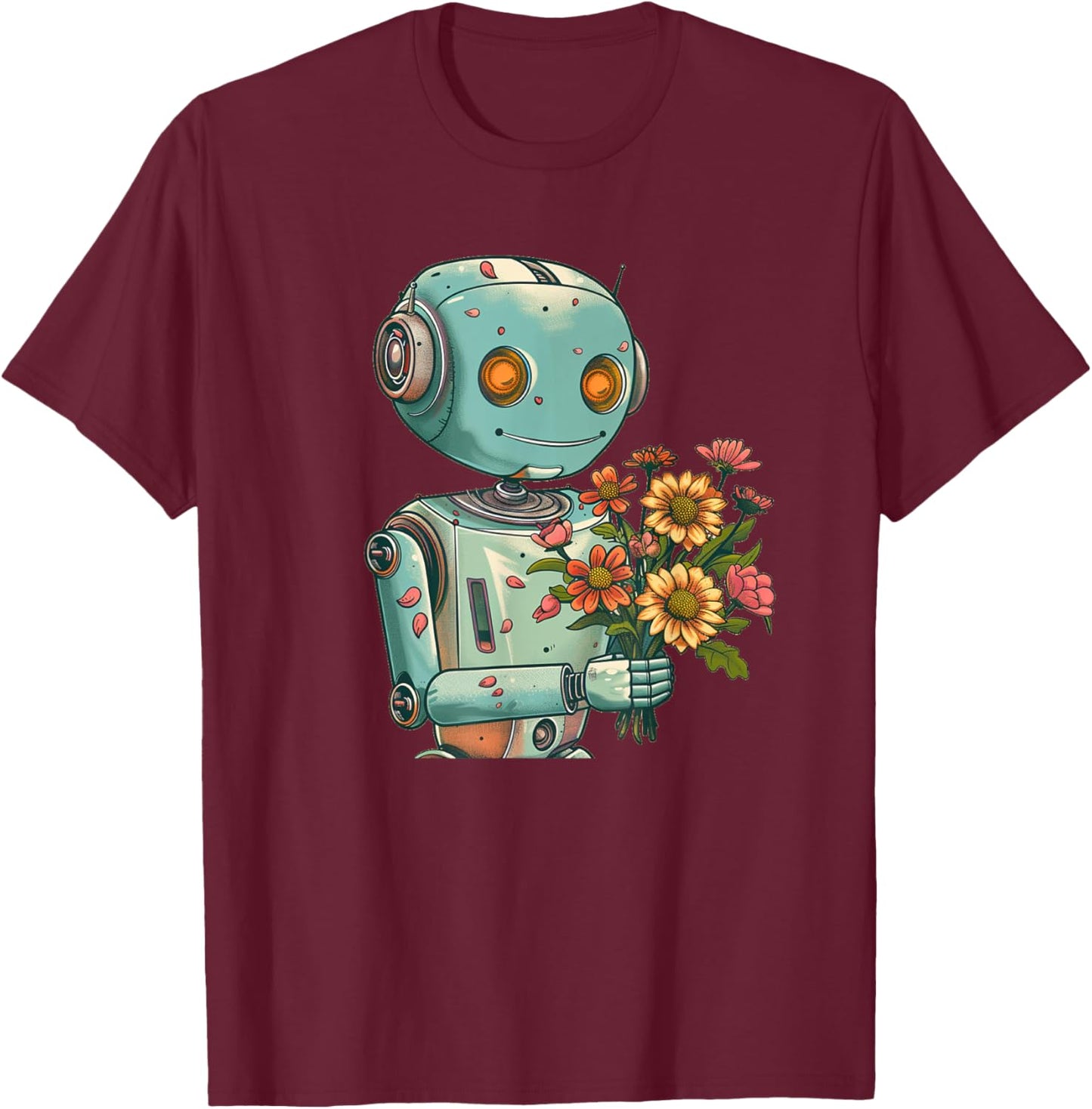 Robot with Bloom and Flowers Outfit for Boys and Girls T-Shirt - T-Shirt | Maroon
