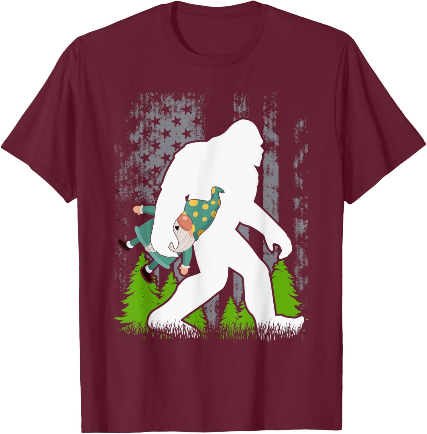 Bigfoot Carrying Gnome Funny Cute Sasquatch T-Shirt - T-Shirt | Maroon