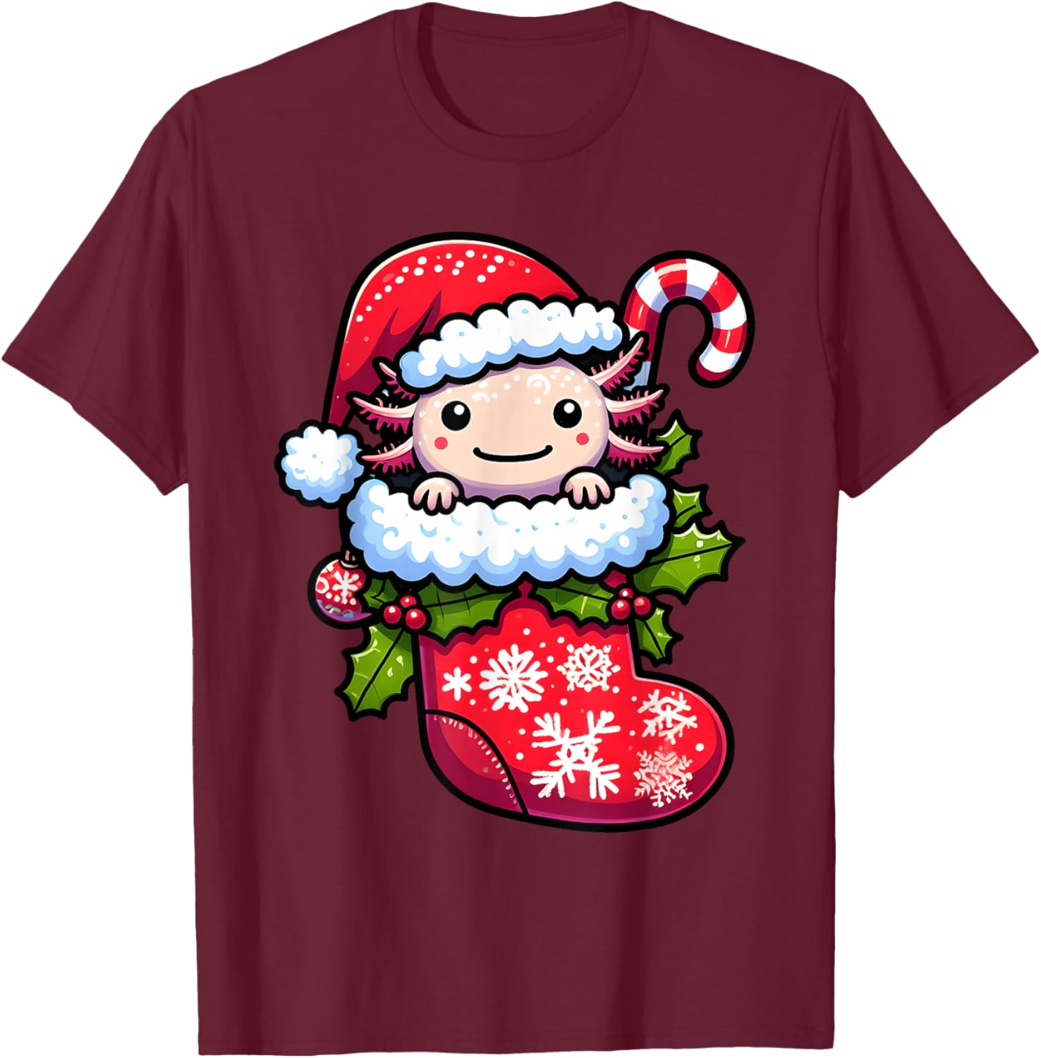 Axolotl Wearing Santa Hat Christmas Stocking Xmas Pajama T-Shirt - T-Shirt | Maroon