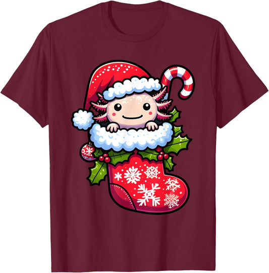 Axolotl Wearing Santa Hat Christmas Stocking Xmas Pajama T-Shirt - T-Shirt | Maroon