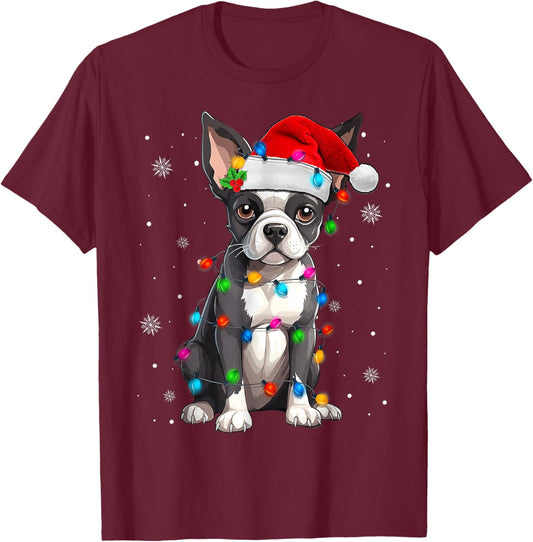 Boston Terrier Christmas Santa Hat Tree Lights Pajama T-Shirt - T-Shirt | Maroon