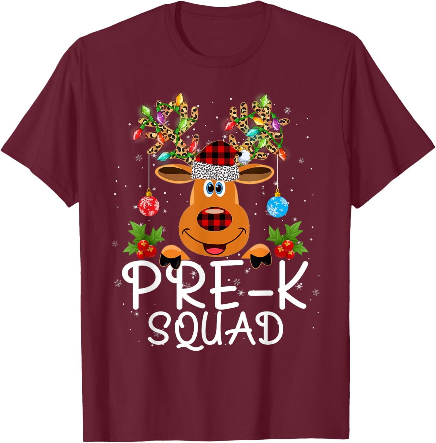 Pre-Kindergarten Squad Teacher Student Reindeer Christmas T-Shirt - T-Shirt | Maroon