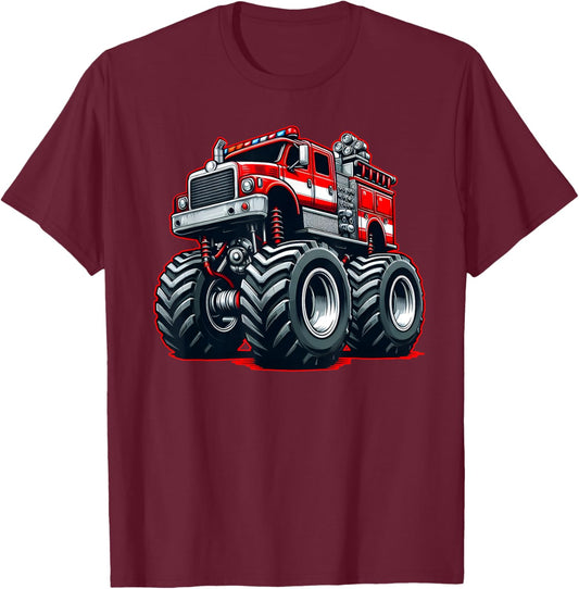 Big Wheels Fire Truck Monster Truck Firefighter Kids Boys T-Shirt - T-Shirt | Maroon
