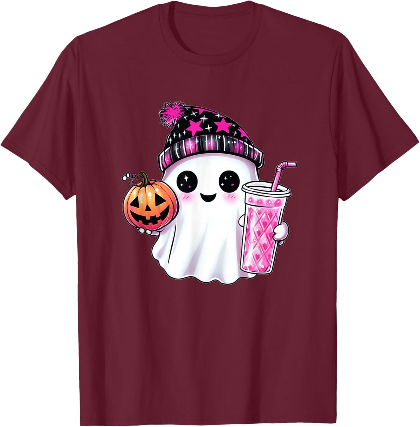 Cute Ghost Drinking Coffee Halloween Ghost Ice Coffee T-Shirt - T-Shirt | Maroon