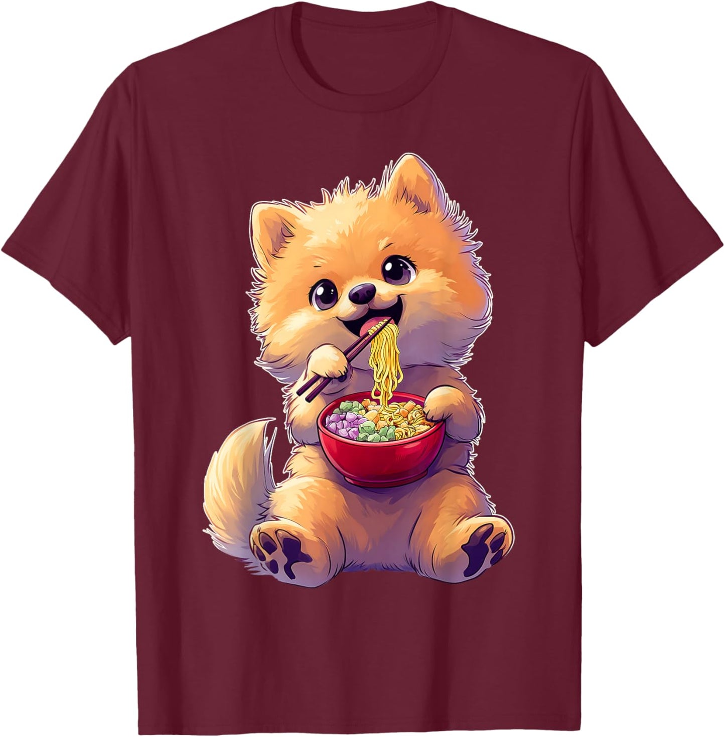 Pomeranian Dog Ramen Japanese Noodles Cute Kawaii T-Shirt - T-Shirt | Maroon