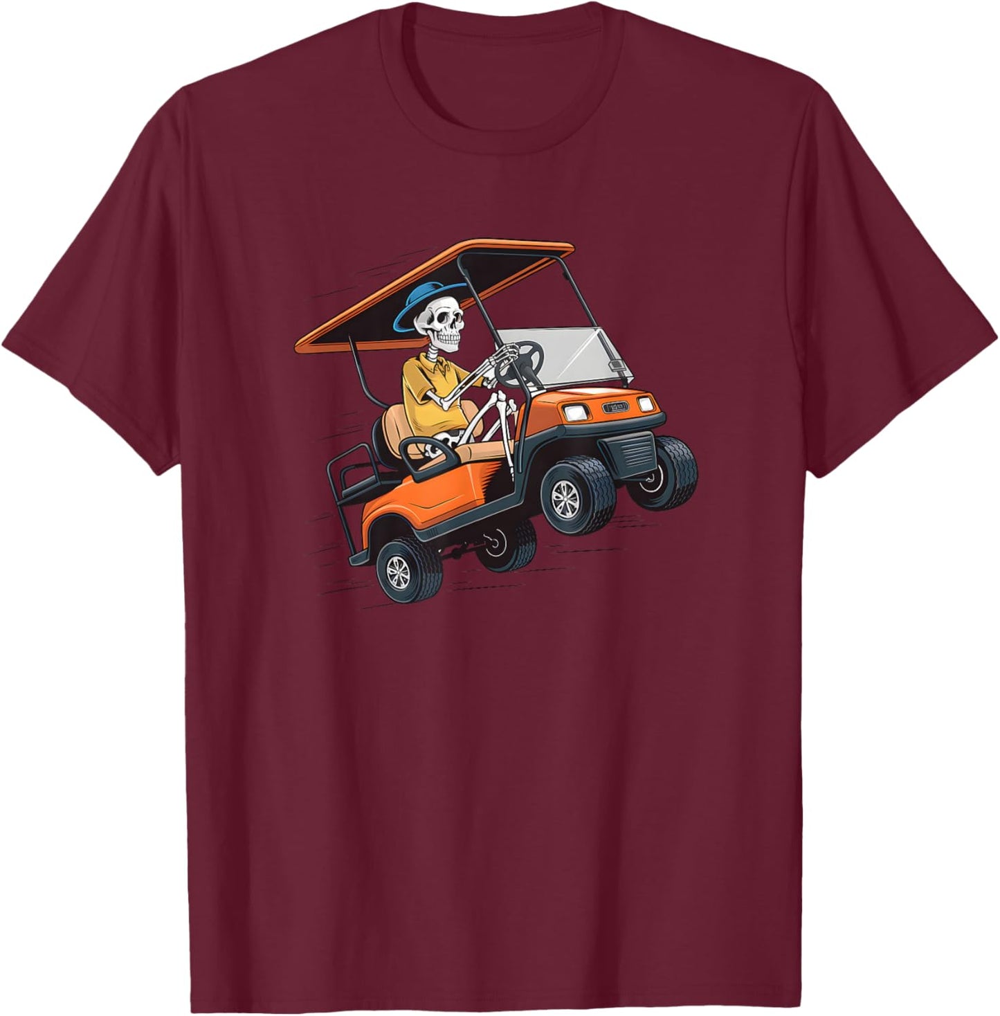 Halloween Funny Skeleton Riding Golf Cart Golfer Sport Lover T-Shirt - T-Shirt | Maroon