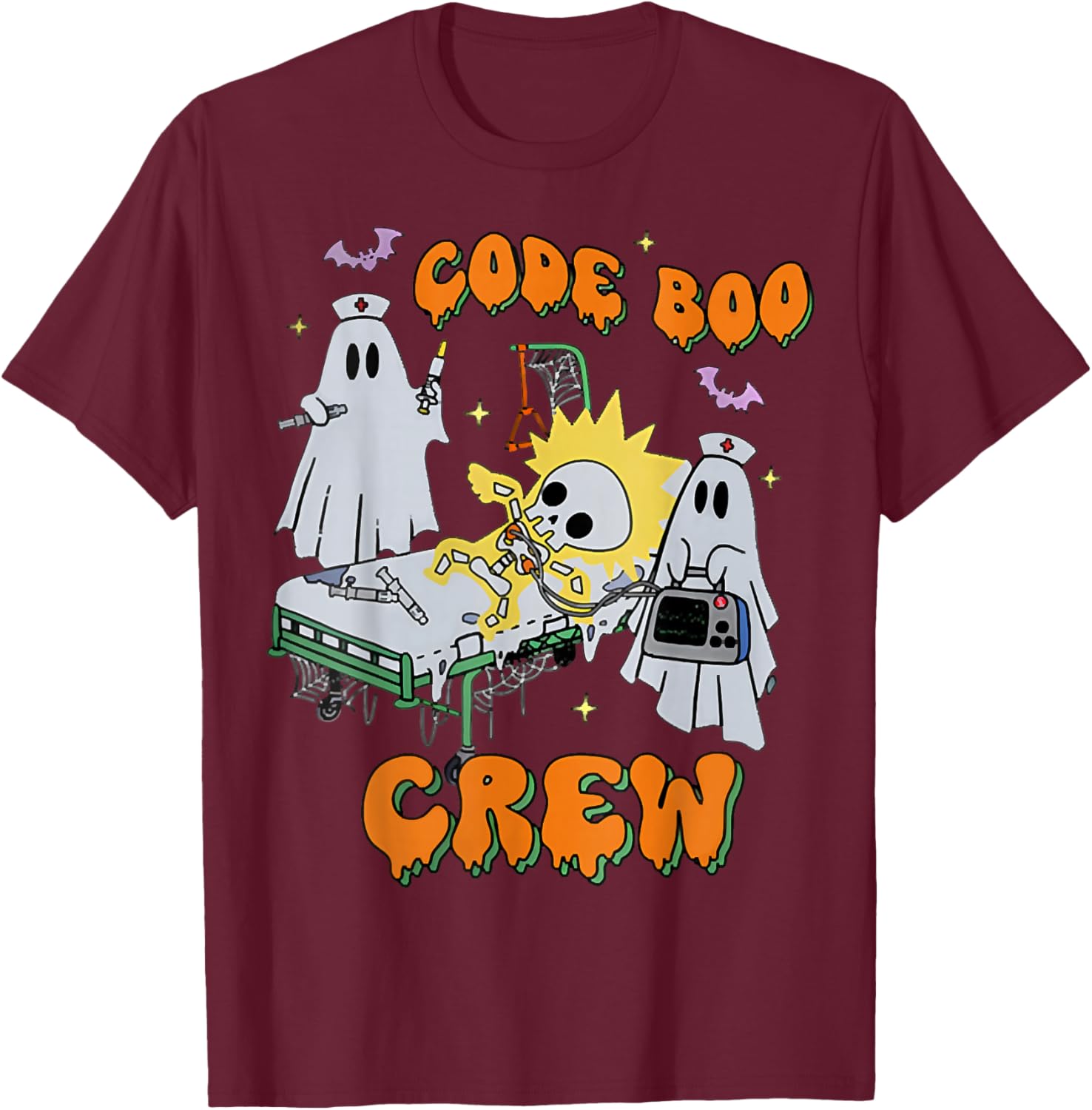 Code Boo Crew, Funny Ghost Nurse Halloween, Ghost ER Nurse T-Shirt - T-Shirt | Maroon
