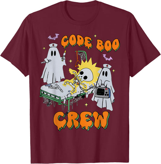 Code Boo Crew, Funny Ghost Nurse Halloween, Ghost ER Nurse T-Shirt - T-Shirt | Maroon