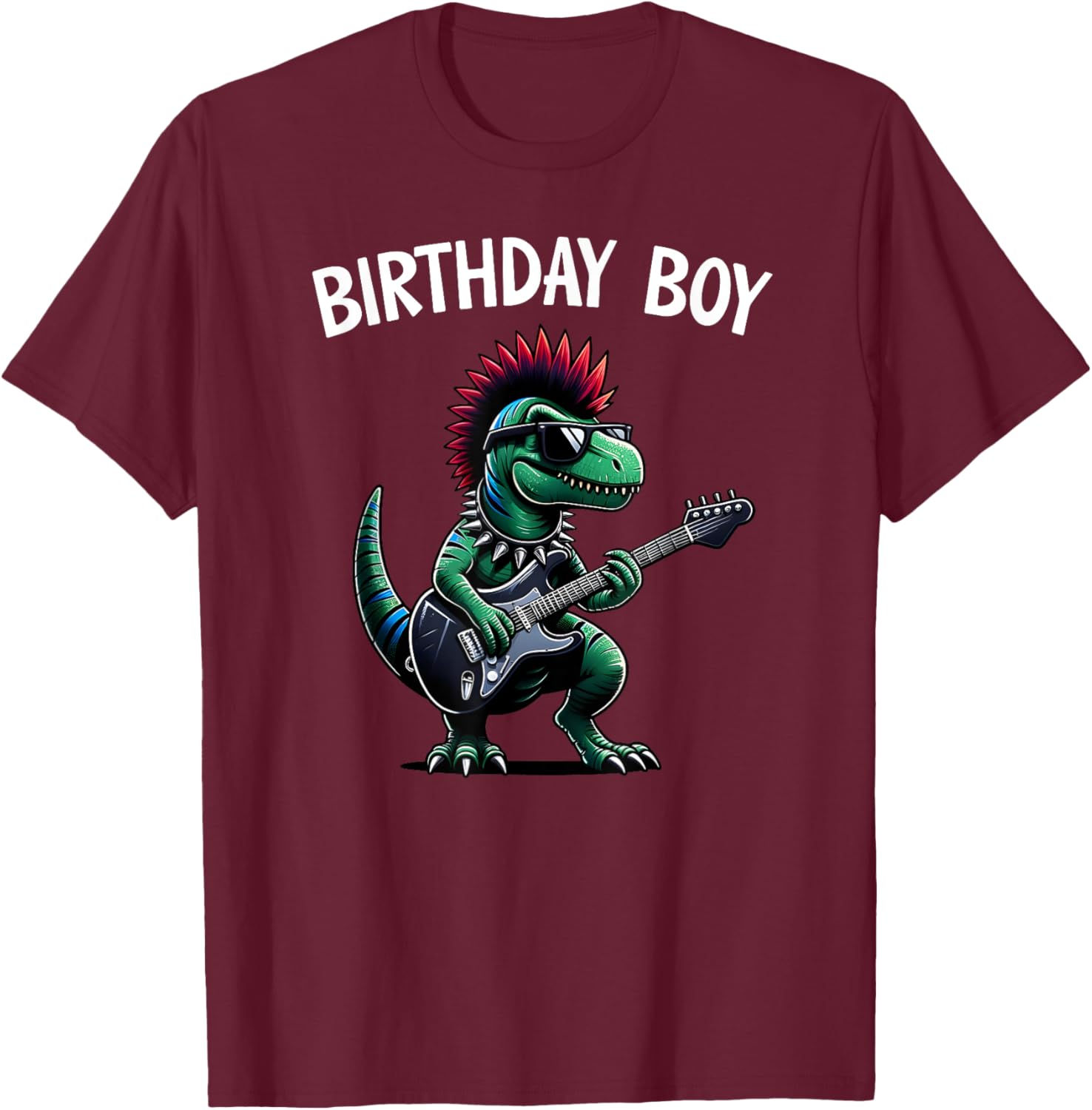 Kids Rock Birthday Boy, Punk Dinosaur, Rock'n Roll Dino Bday T-Shirt - T-Shirt | Maroon