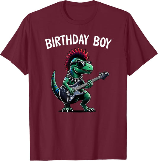 Kids Rock Birthday Boy, Punk Dinosaur, Rock'n Roll Dino Bday T-Shirt - T-Shirt | Maroon