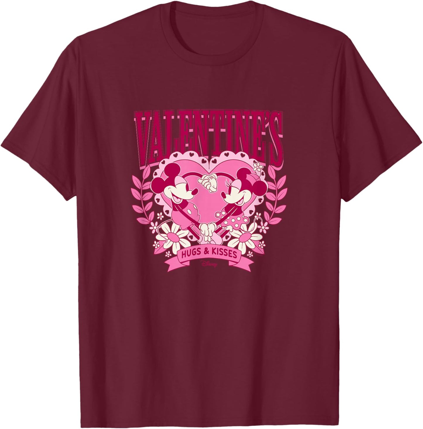 Mickey and Minnie Mouse Valentine's Day Heart Hugs & Kisses T-Shirt - T-Shirt | Maroon