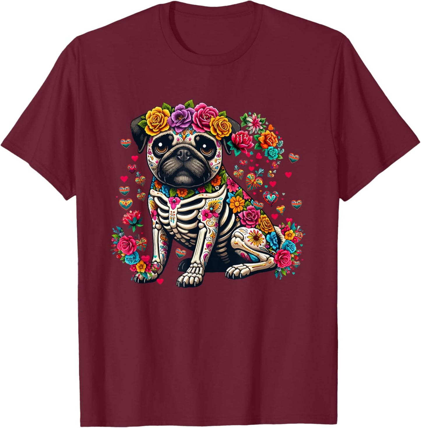 Pug Floral Skeleton Dia De Los Muertos Mexican Lover Owner T-Shirt - T-Shirt | Maroon