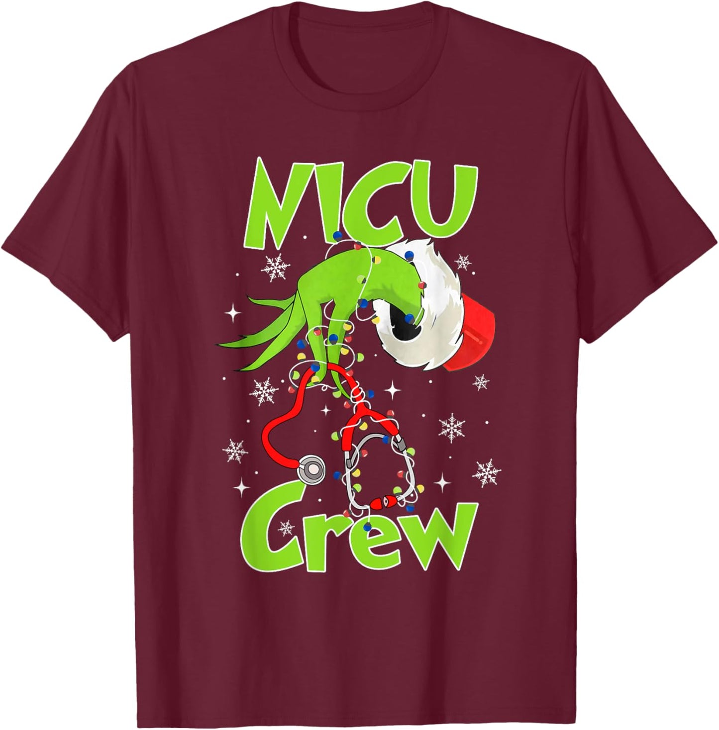 Nurse Christmas Stethoscope NICU Crew Xmas Lights Pajamas T-Shirt - T-Shirt | Maroon