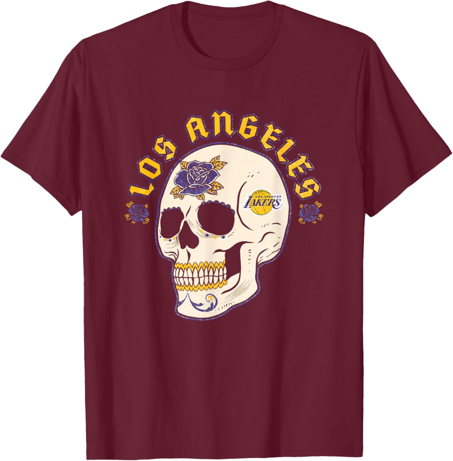 NBA Los Angeles Lakers Halloween Floral Skull T-Shirt - T-Shirt | Maroon